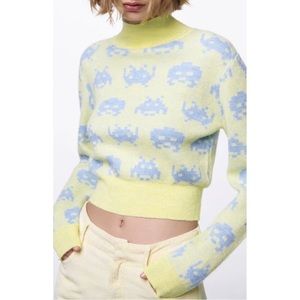 ZARA | Wool Blend Jacquard Space Invaders Taito Sweater in Lime Green | M